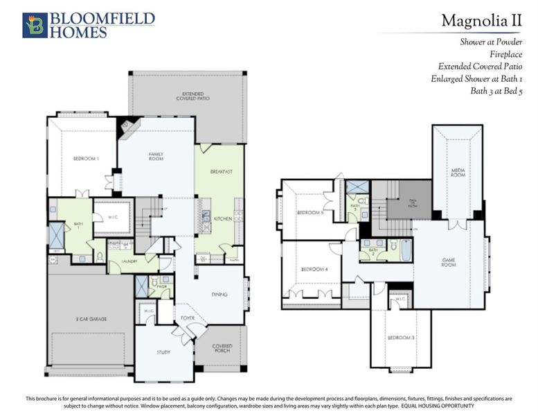 Bloomfield Homes Magnolia II floor plan showing two-story layout with 5 bedrooms, game room, and 2-car garage.