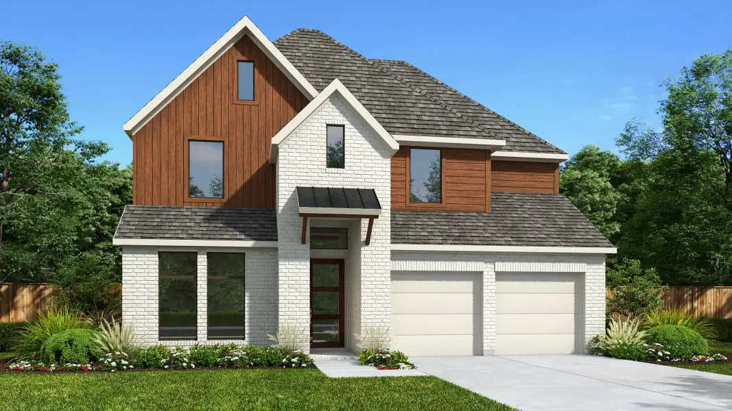 Representative exterior photo of a completed home built from the 2595W by Perry Homes in Parkside on the River West, Georgetown, TX (Image 8).