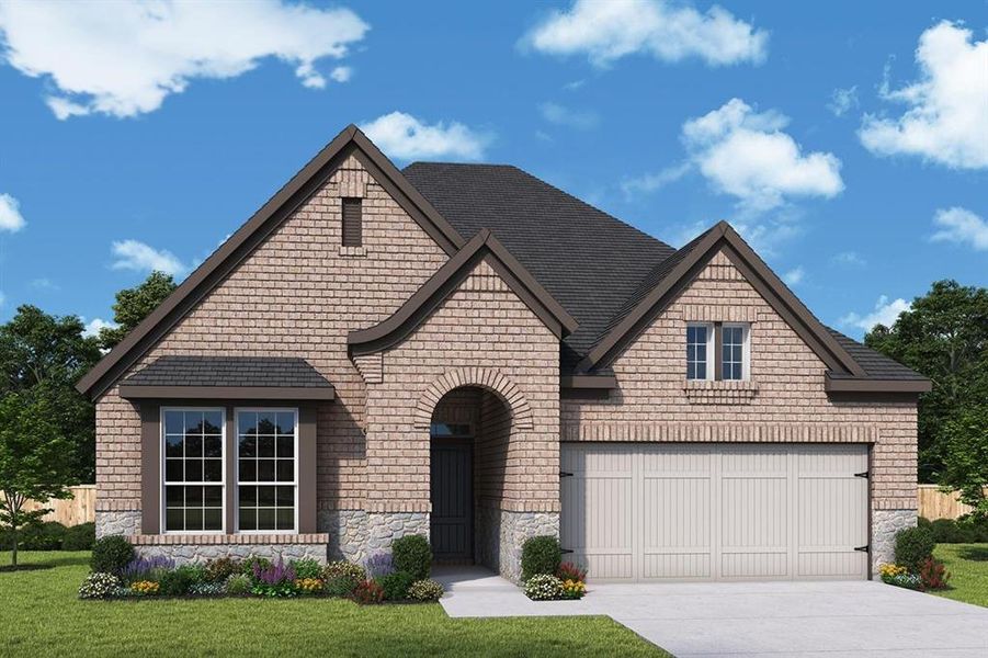 Brick facade with stone accents and dark trim details Brick facade with stone accents and dark trim details