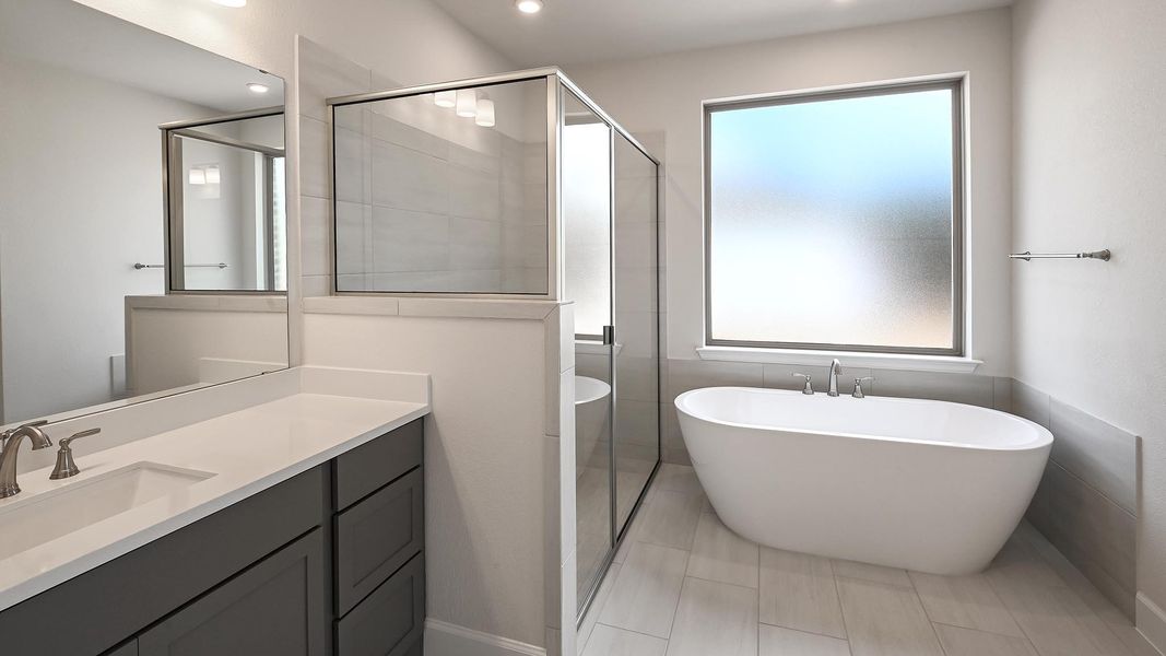 Bathroom featuring a freestanding tub, a stall shower, vanity, and recessed lighting