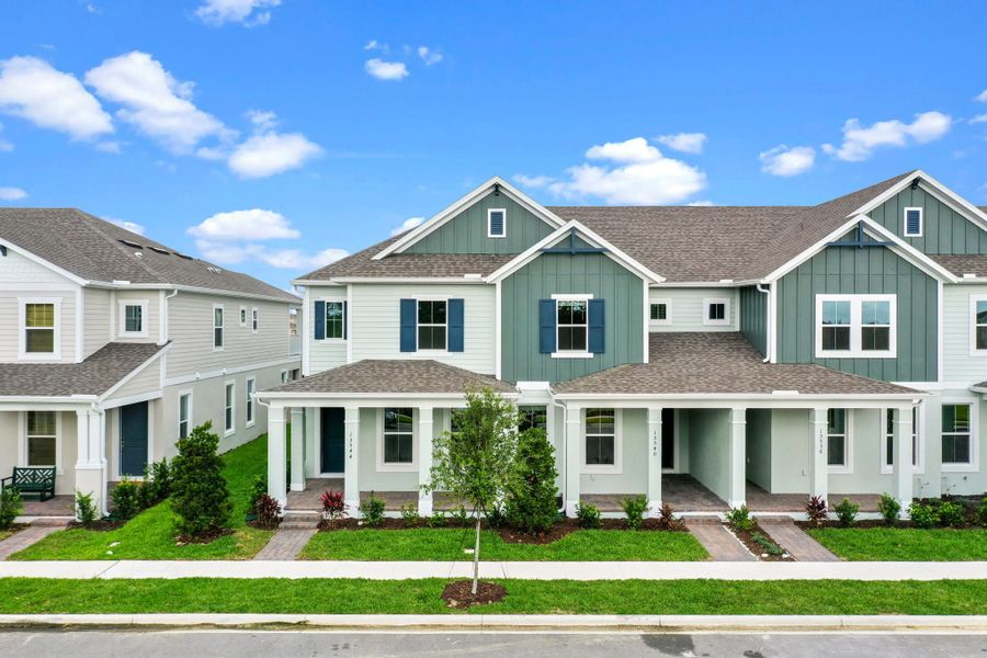 Representative exterior photo of a completed home built from the Franklin by Rockwell Homes in Harvest at Ovation - Townhomes, Winter Garden, FL (Image 29). Representative exterior photo of a completed home built from the Franklin by Rockwell Homes in Harvest at Ovation - Townhomes, Winter Garden, FL (Image 29).