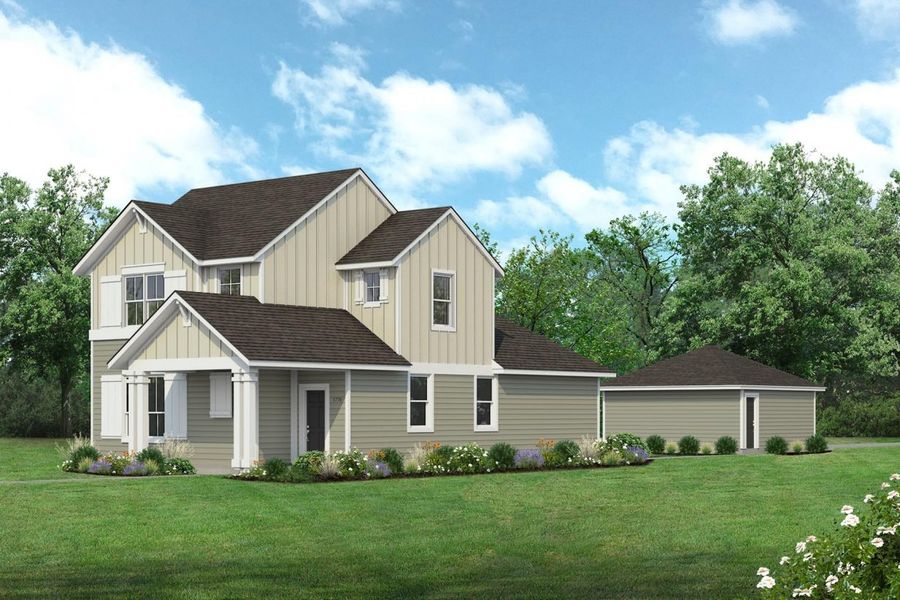 Rendering of two story two-tone green home with black door and detached garage with landscaping and sky Rendering of two story two-tone green home with black door and detached garage with landscaping and sky