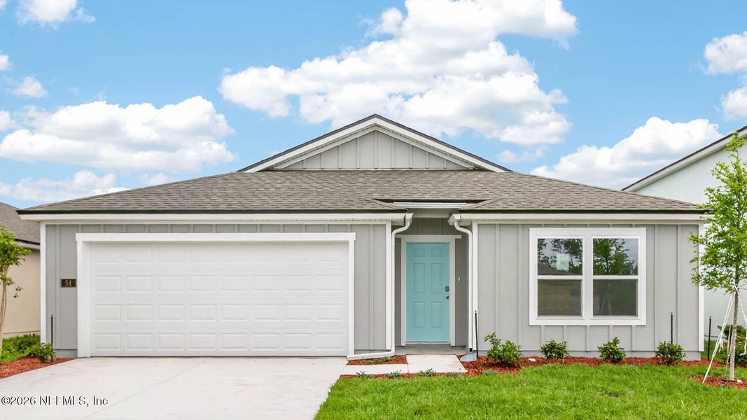 Front exterior of a new home in Sawmill Branch, Palm Coast, FL, highlighting curb appeal (Image 1). Front exterior of a new home in Sawmill Branch, Palm Coast, FL, highlighting curb appeal (Image 1).