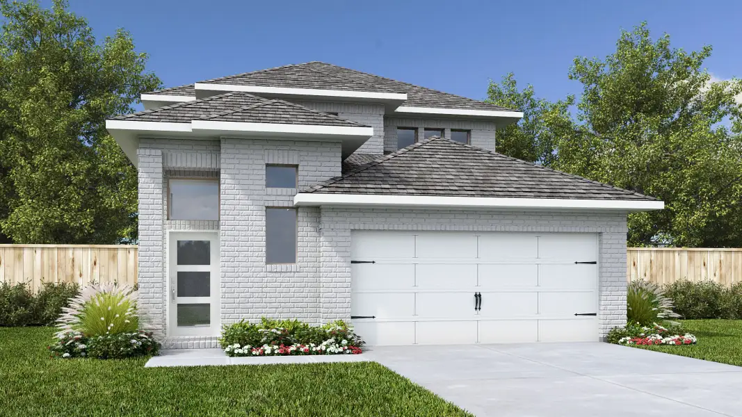 Front exterior of a new home in Candela South, Richmond, TX, highlighting curb appeal (Image 1). Front exterior of a new home in Candela South, Richmond, TX, highlighting curb appeal (Image 1).