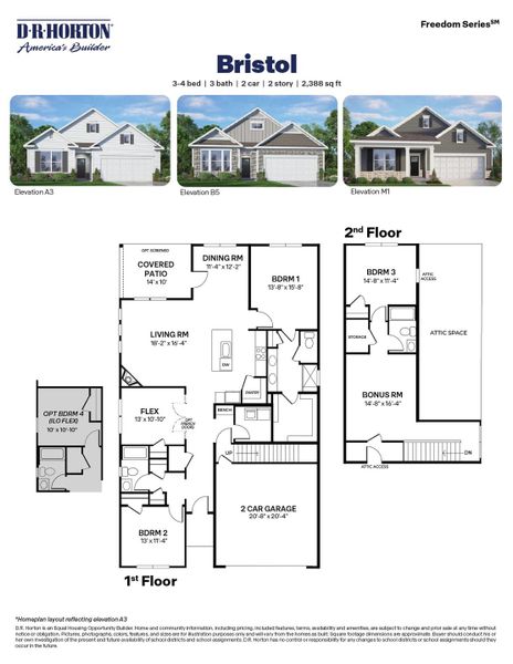 2D floor plan layout for the BRISTOL by D.R. Horton in The Villas at Galvins Ridge, Sanford, NC (Image 3).