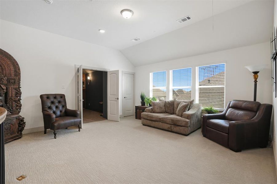 Living area featuring lofted ceiling and carpet Living area featuring lofted ceiling and carpet