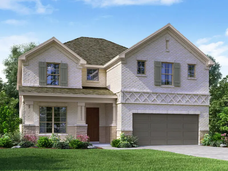 Front exterior of a new home in Fox Falls, Boerne, TX, highlighting curb appeal (Image 1). Front exterior of a new home in Fox Falls, Boerne, TX, highlighting curb appeal (Image 1).