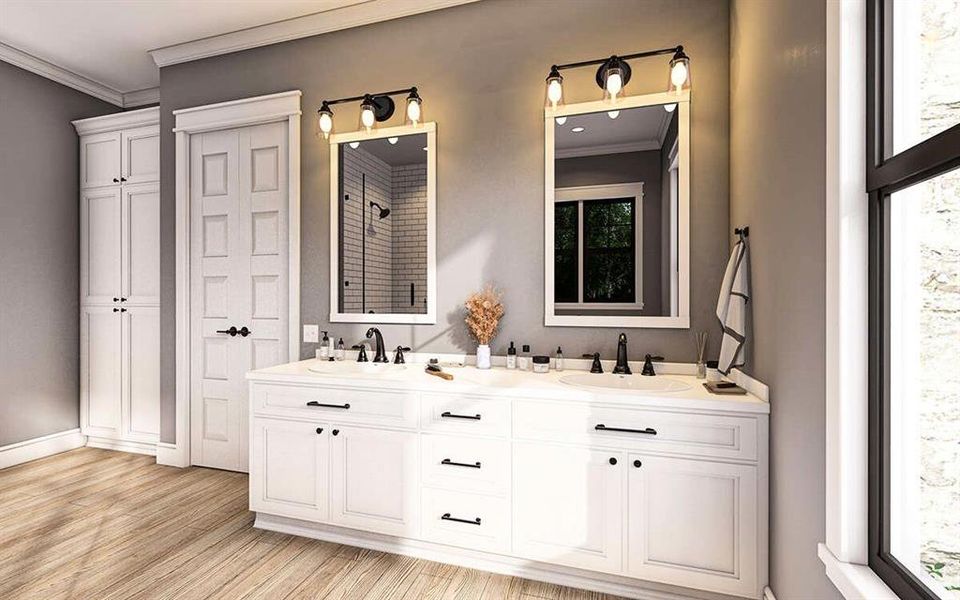 Full bathroom with ornamental molding, double vanity, and light wood-type flooring Full bathroom with ornamental molding, double vanity, and light wood-type flooring