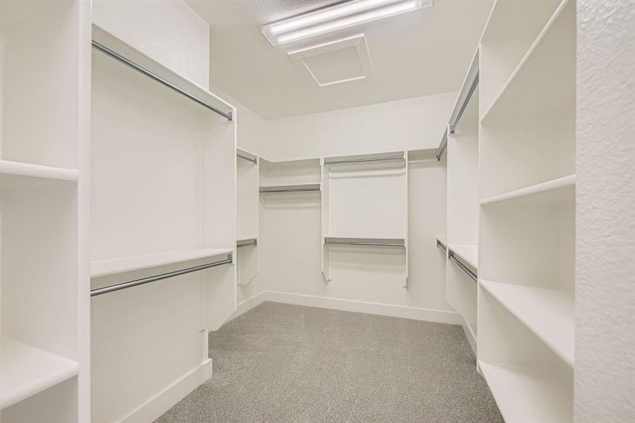 Walk in closet with light carpet and attic access Walk in closet with light carpet and attic access