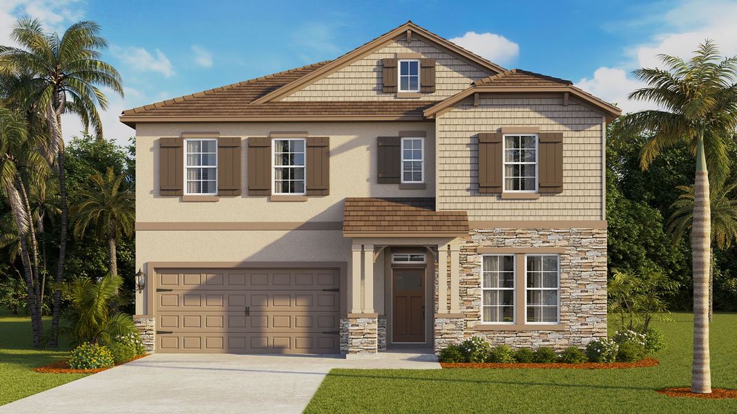 Representative exterior photo of a completed home built from the PORTLAND- WITH STONE by D.R. Horton in Summerlin at Hawthorne Ranch, Lakeland, FL (Image 2).