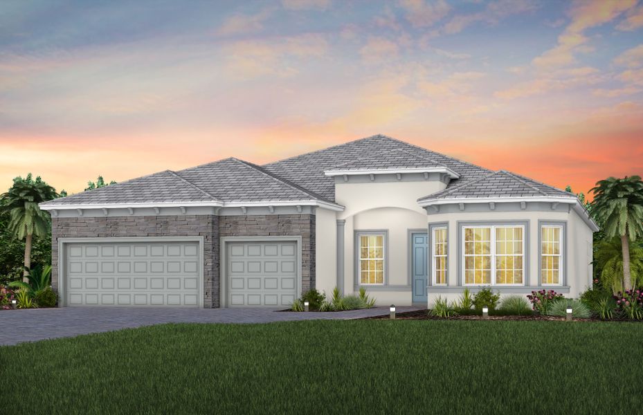 Front exterior of a new home in Del Webb Oak Creek, North Fort Myers, FL, highlighting curb appeal (Image 29).