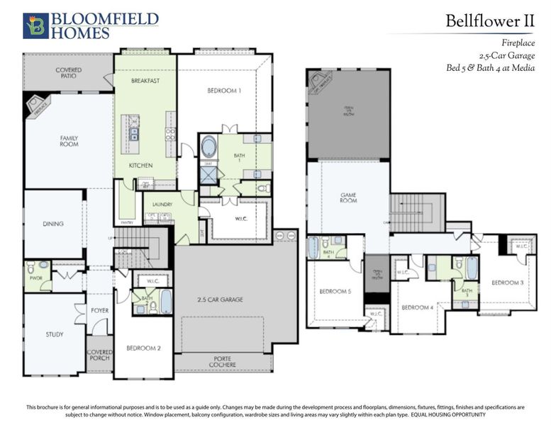 Bloomfield Homes Bellflower II floor plan with 5 bedrooms, 4 bathrooms, game room, and 2.5-car garage Bloomfield Homes Bellflower II floor plan with 5 bedrooms, 4 bathrooms, game room, and 2.5-car garage