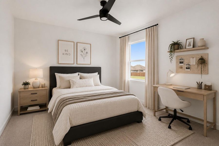 Cozy and inviting fifth bedroom featuring soft natural light, plush carpeting, ceiling fan with lighting, and a vaulted ceiling for an airy feel. Thoughtfully designed with comfort in mind, this space offers the perfect retreat for rest and relaxation. *This photo has been virtually staged.
