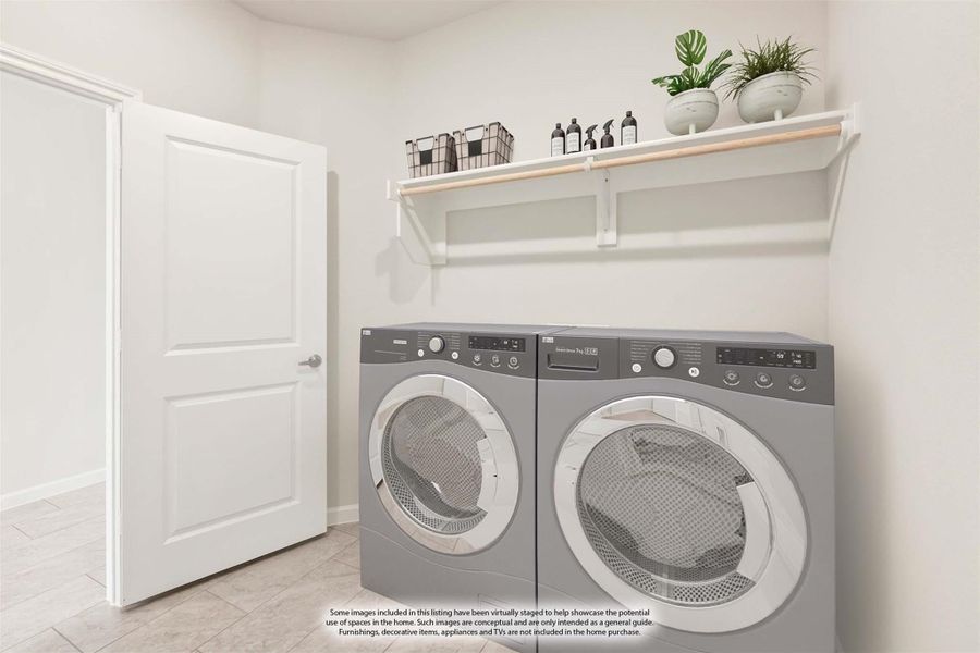 Laundry room with front-load washer and dryer, wall shelf, and hanging rod above the machines