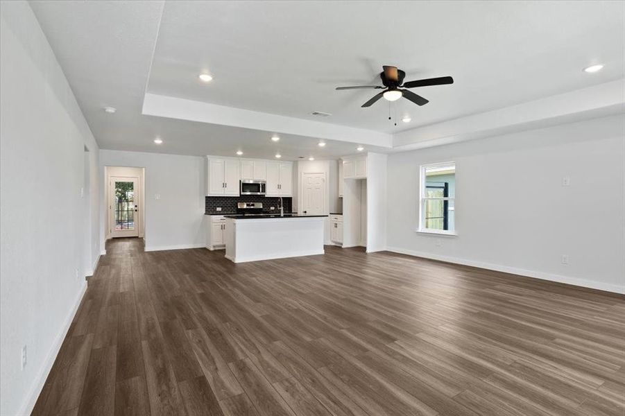 Unfurnished living room with a tray ceiling, sink, hardwood / wood-style flooring, and ceiling fan