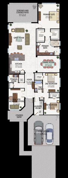 2D floor plan layout for the Tribeca by GL Homes in Valencia Parc at Riverland, Port St. Lucie, FL (Image 5).