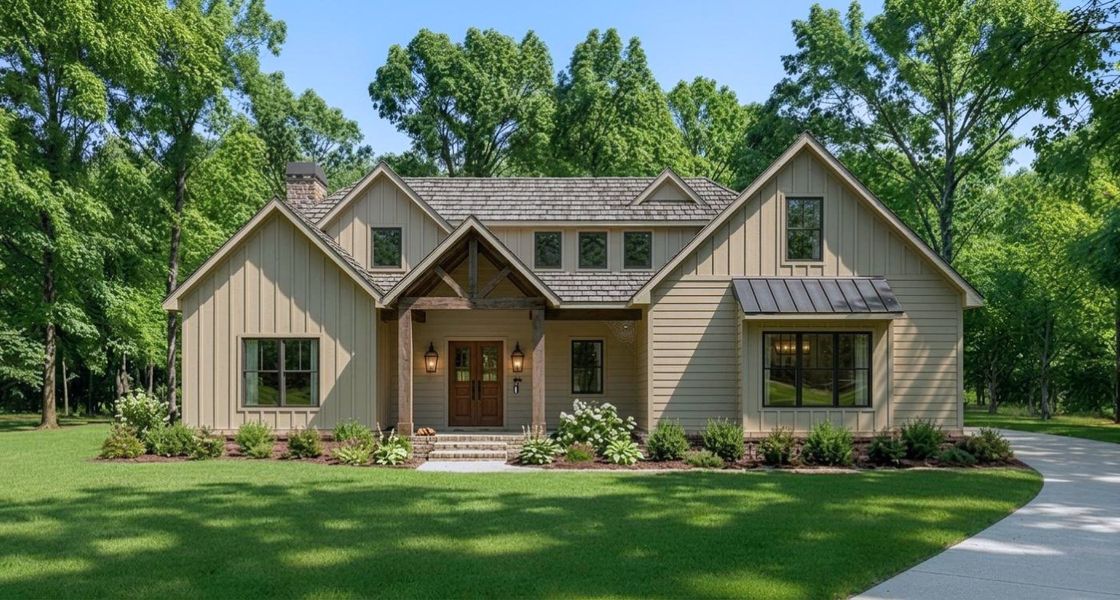Front exterior of a new home in Hidden River, Signal Mountain, TN, highlighting curb appeal (Image 1). Front exterior of a new home in Hidden River, Signal Mountain, TN, highlighting curb appeal (Image 1).