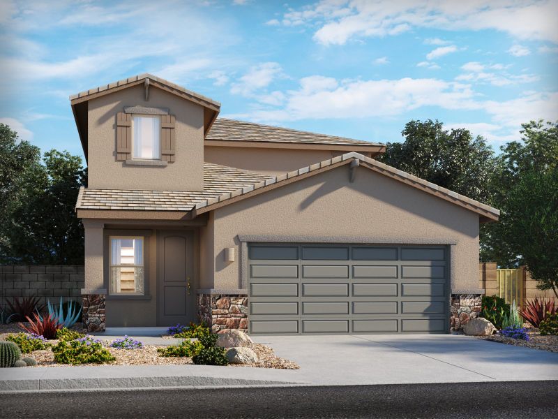 Representative exterior photo of a completed home built from the Spruce by Meritage Homes in Las Patrias at Star Valley II, Tucson, AZ (Image 2). Representative exterior photo of a completed home built from the Spruce by Meritage Homes in Las Patrias at Star Valley II, Tucson, AZ (Image 2).
