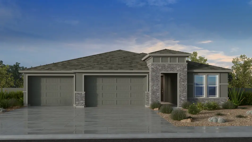 Front exterior of a new home in Artisan at Asante, Surprise, AZ, highlighting curb appeal (Image 1). Front exterior of a new home in Artisan at Asante, Surprise, AZ, highlighting curb appeal (Image 1).