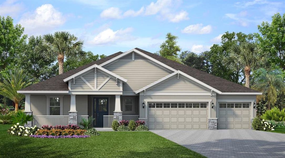 Front exterior of a new home in Marisol Pointe at MiraBay Florida Series, Apollo Beach, FL, highlighting curb appeal (Image 1).