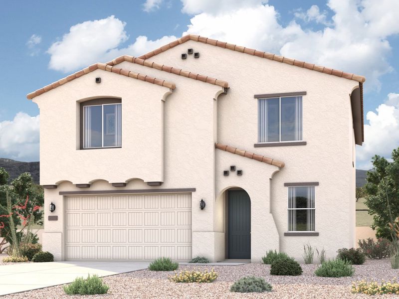 Rendering of front of new home for sale in San Tan, AZ with 2 car garage in the beautiful Skyline Village community with pool.