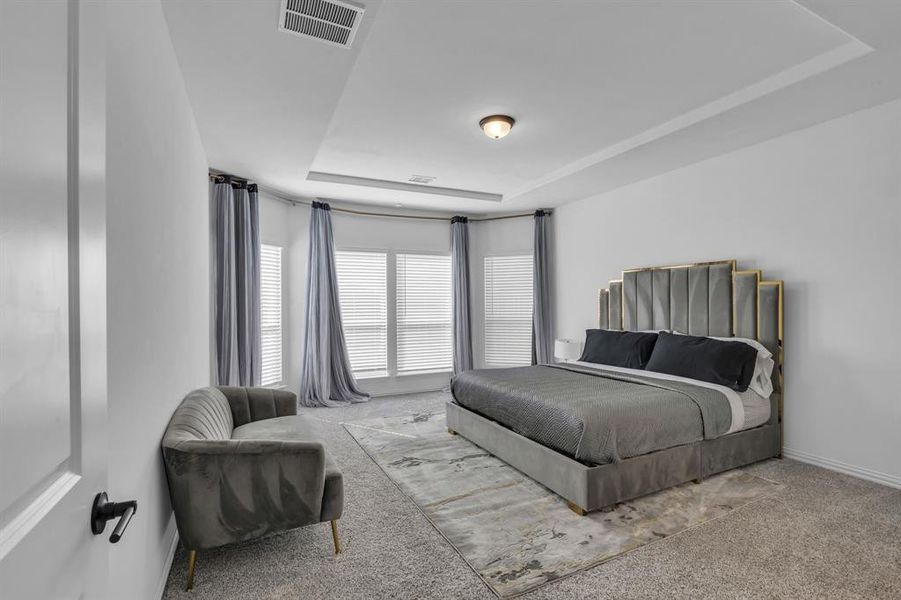 Carpeted bedroom featuring a tray ceiling