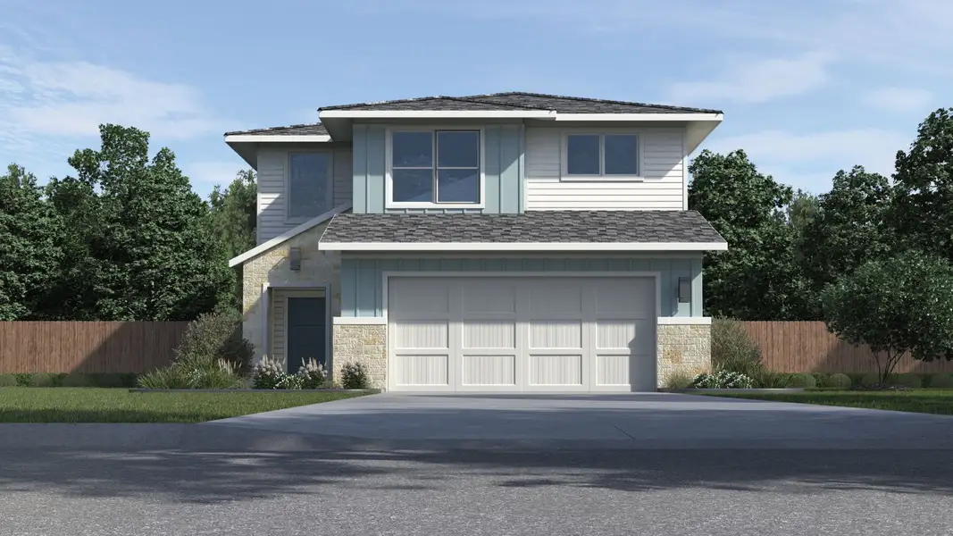 Front exterior of a new home in Frontier, Mustang Ridge, TX, highlighting curb appeal (Image 1). Front exterior of a new home in Frontier, Mustang Ridge, TX, highlighting curb appeal (Image 1).
