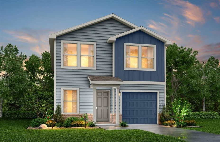 View of front facade featuring an attached garage, a front lawn, driveway, and board and batten siding View of front facade featuring an attached garage, a front lawn, driveway, and board and batten siding