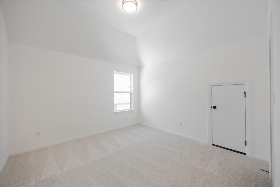 Carpeted spare room featuring baseboards and lofted ceiling