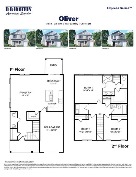 2D floor plan layout for the Oliver by D.R. Horton in Carter Ridge, Greenville, NC (Image 3).