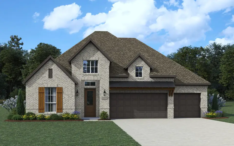 Front exterior of a new home in Trinity Falls, McKinney, TX, highlighting curb appeal (Image 1).