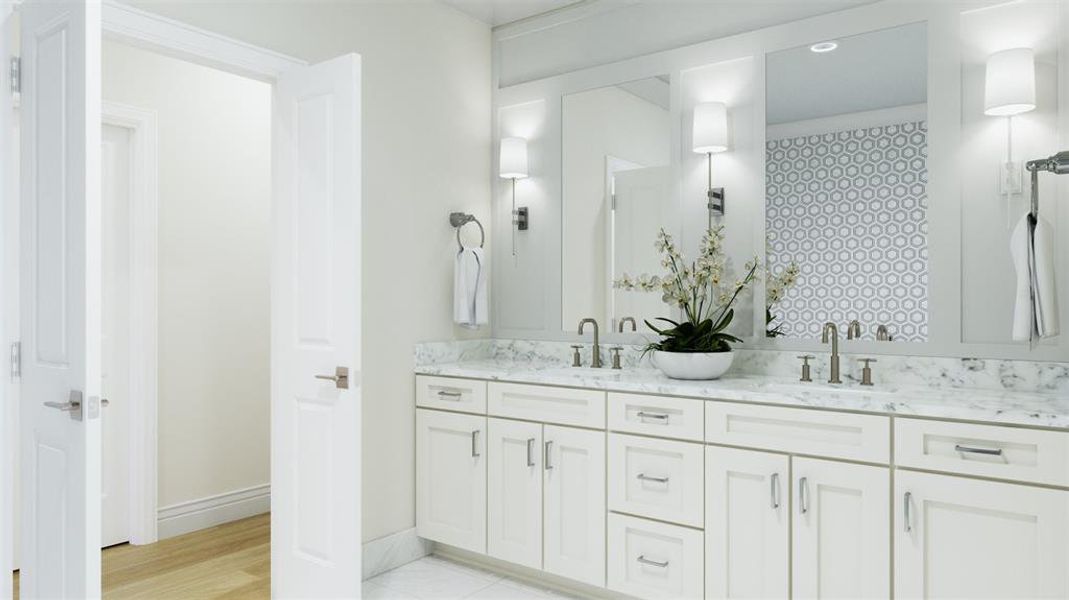 Bathroom with double sink vanity and wood-type flooring