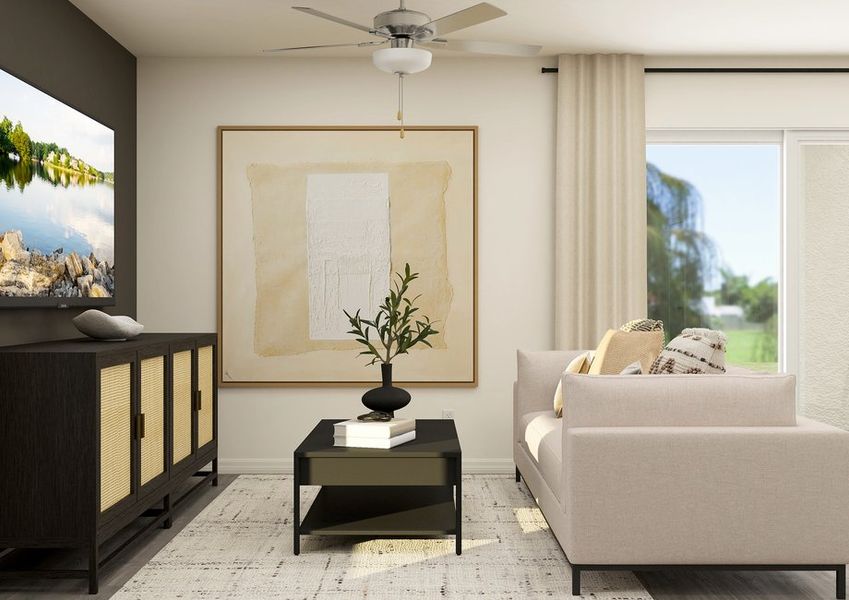 Rendering of a living room with a couch, coffee table and TV.