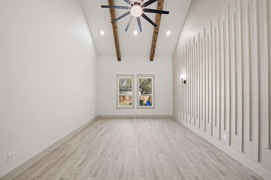 Unfurnished room featuring light wood-type flooring, recessed lighting, and a ceiling fan