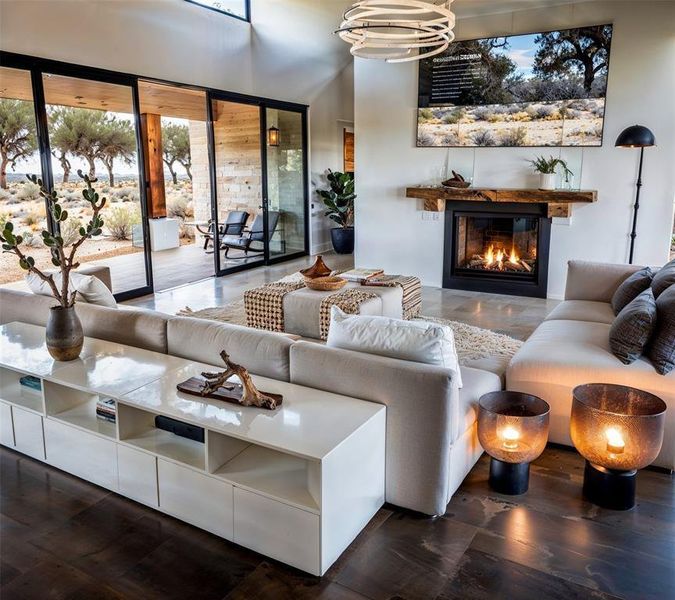 Living area with a notable chandelier, a glass covered fireplace, and a towering ceiling