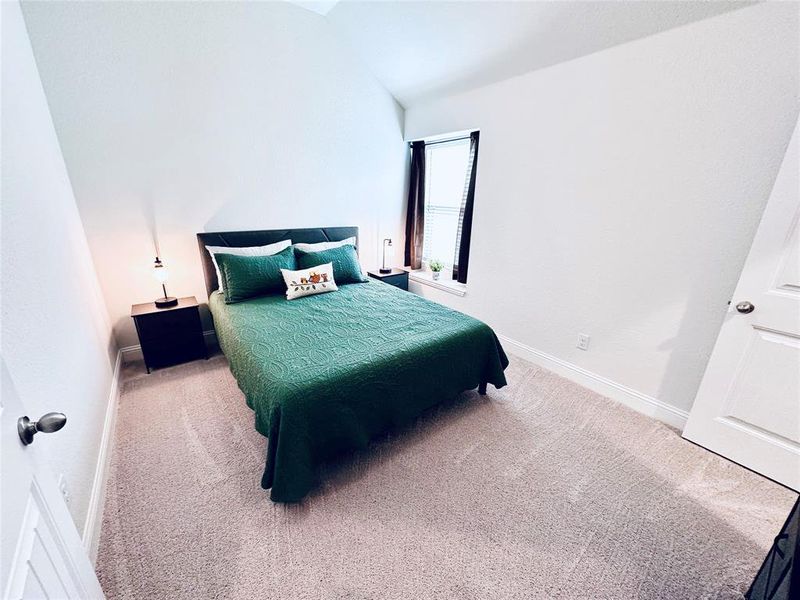 Bedroom featuring carpet floors and lofted ceiling