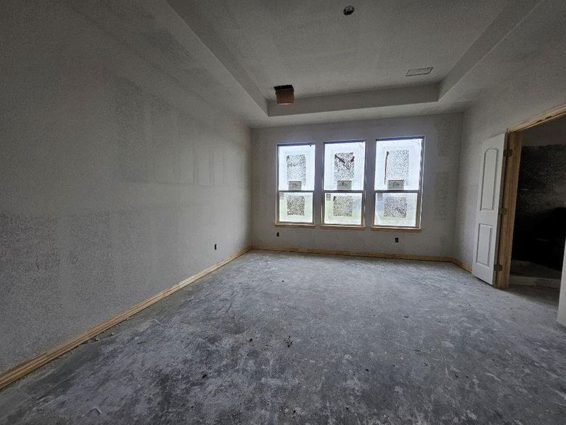 Spacious room featuring a tray ceiling, three large windows, a panel door, and baseboard trim Spacious room featuring a tray ceiling, three large windows, a panel door, and baseboard trim