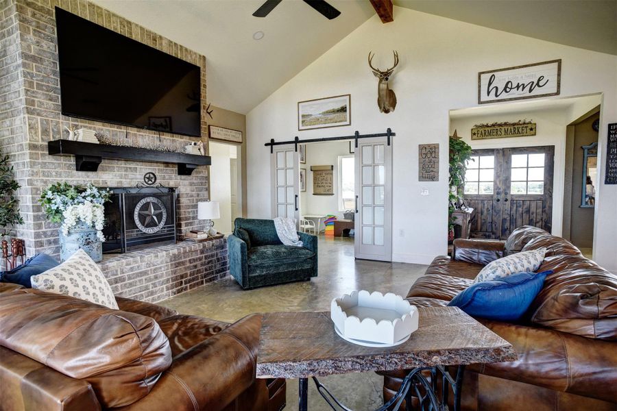Living room, wood burning fireplace