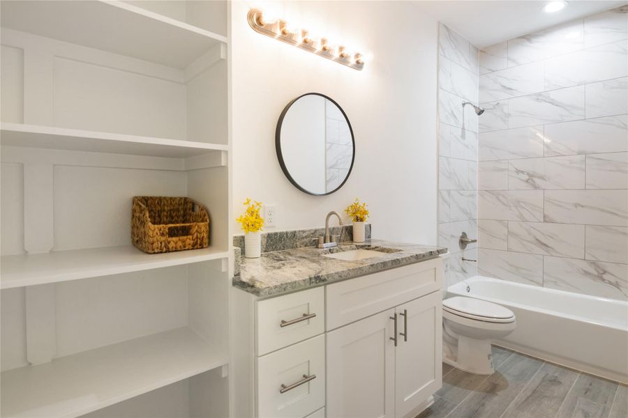 second master bathroom with shelves for towels, tub and shower combination second master bathroom with shelves for towels, tub and shower combination
