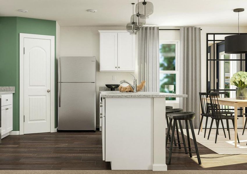 Rendering of the kitchen with vinyl plank
  flooring, white cabinetry and stainless steel appliances.Â