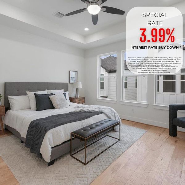 Bright and inviting bedroom featuring a comfortable bed with a gray upholstered headboard, stylish side tables with lamps, and large windows allowing natural light. The room has wooden flooring and a cozy seating area, creating a warm and modern atmosphere. Bright and inviting bedroom featuring a comfortable bed with a gray upholstered headboard, stylish side tables with lamps, and large windows allowing natural light. The room has wooden flooring and a cozy seating area, creating a warm and modern atmosphere.