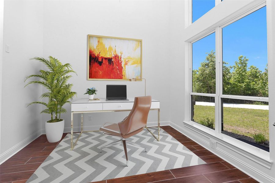 Flooded with natural light and framed by peaceful forest views, this private study offers a serene setting for focused work or creative inspiration.