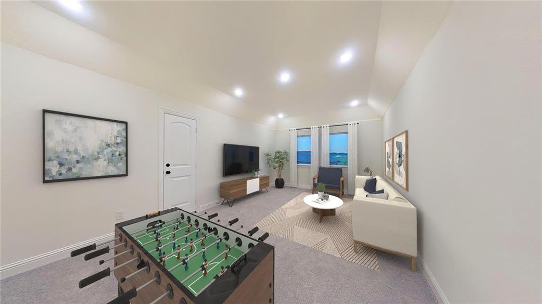 Game room with carpet floors, recessed lighting, and lofted ceiling Game room with carpet floors, recessed lighting, and lofted ceiling