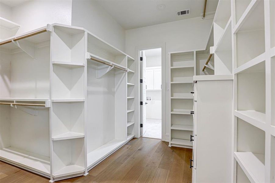 Walk in closet with wood finished floors