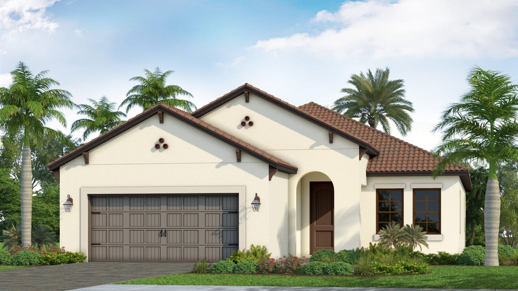 Front exterior of a new home in SkySail Real Estate and Homes for Sale in Naples, FL - Neal Communities, Naples, FL, highlighting curb appeal (Image 2).