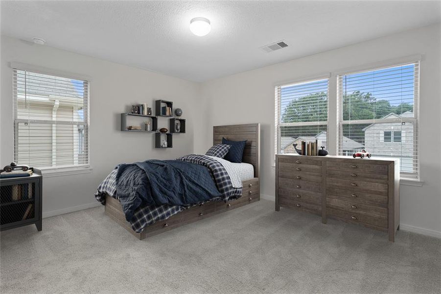 Secondary bedroom features plush carpet, custom paint and large windows.