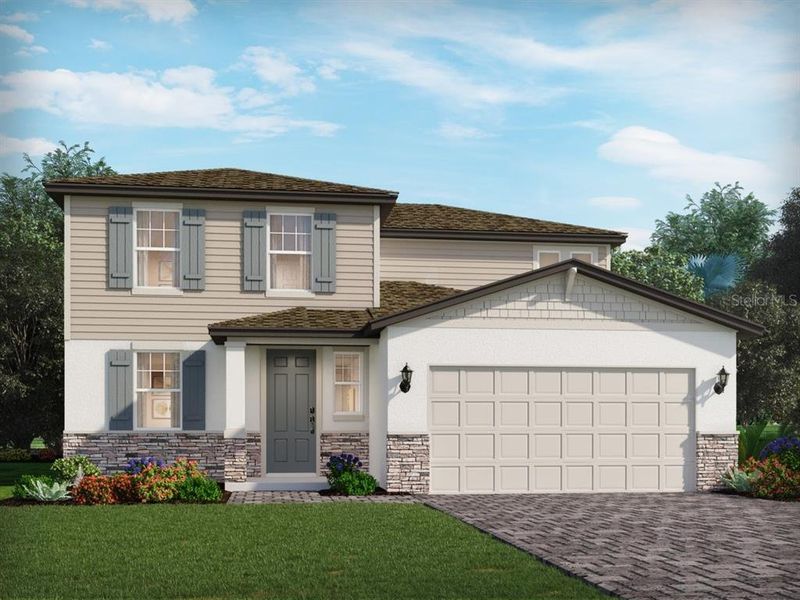Front exterior of a new home in The Meadow at Crossprairie, St. Cloud, FL, highlighting curb appeal (Image 1). Front exterior of a new home in The Meadow at Crossprairie, St. Cloud, FL, highlighting curb appeal (Image 1).