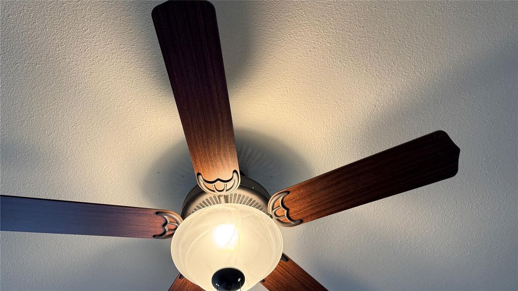 A classic ceiling fan provides both air circulation and illumination. A classic ceiling fan provides both air circulation and illumination.