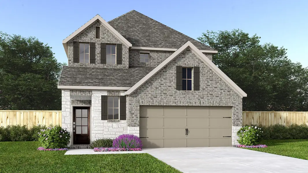 Front exterior of a new home in The Woodlands Hills 40', Willis, TX, highlighting curb appeal (Image 1).