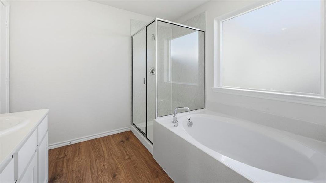 Full bathroom with vanity, a bath, a stall shower, and dark wood-style flooring Full bathroom with vanity, a bath, a stall shower, and dark wood-style flooring